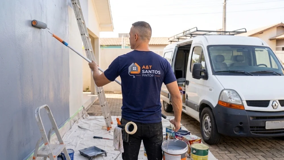 Profissional da A&T Santos Pintura uniformizado aplicando tinta em fachada residencial, com a van da empresa ao fundo