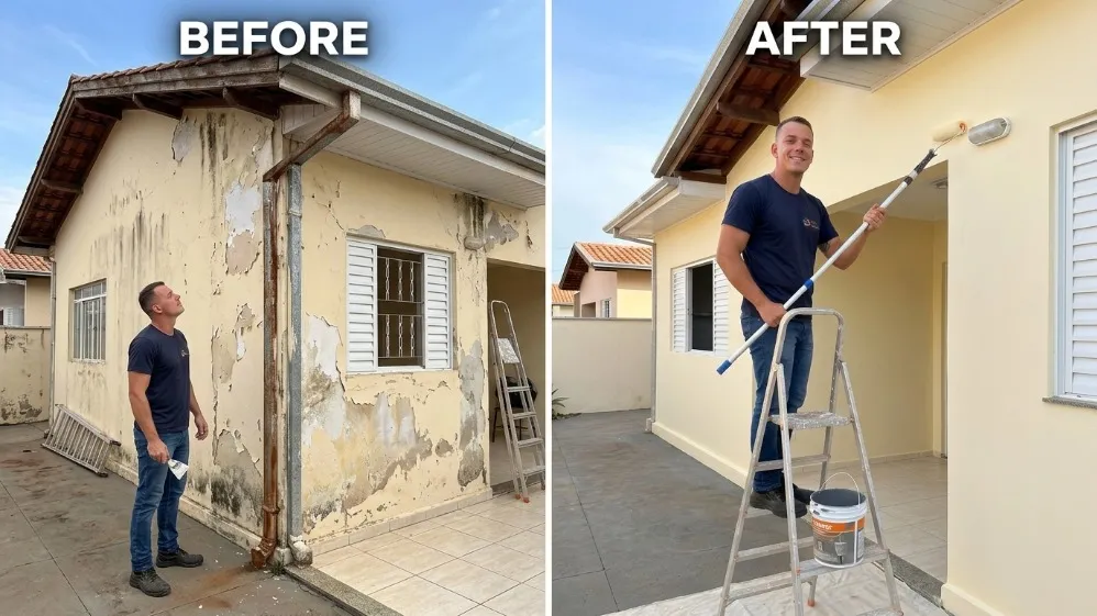 Comparativo antes e depois da pintura de fachada residencial feita pela A&T Santos Pintura
