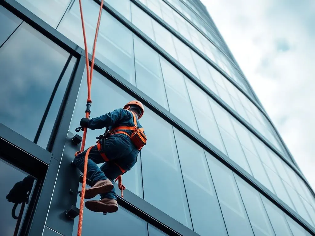 Profissional com cinto de segurança realizando trabalho em altura na fachada de um edifício