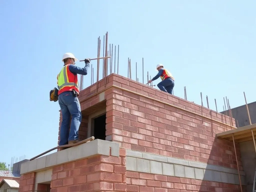 Pedreiros trabalhando em estrutura de alvenaria em obra de construção civil