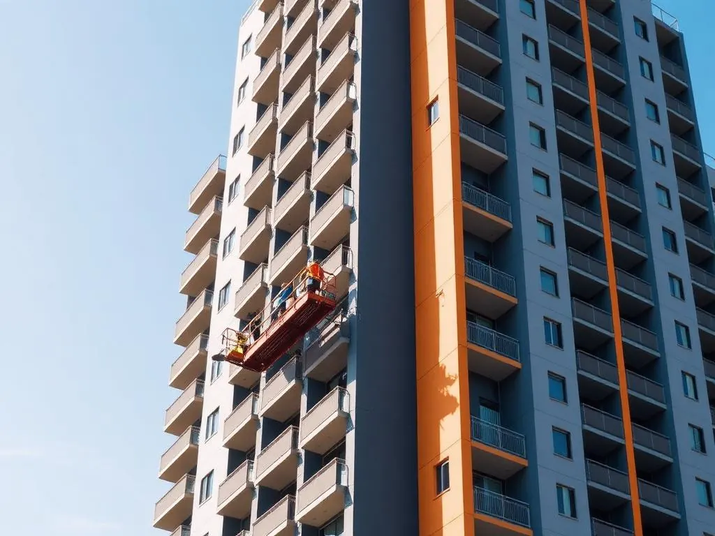 Equipe em plataforma suspensa realizando pintura predial em edifício residencial